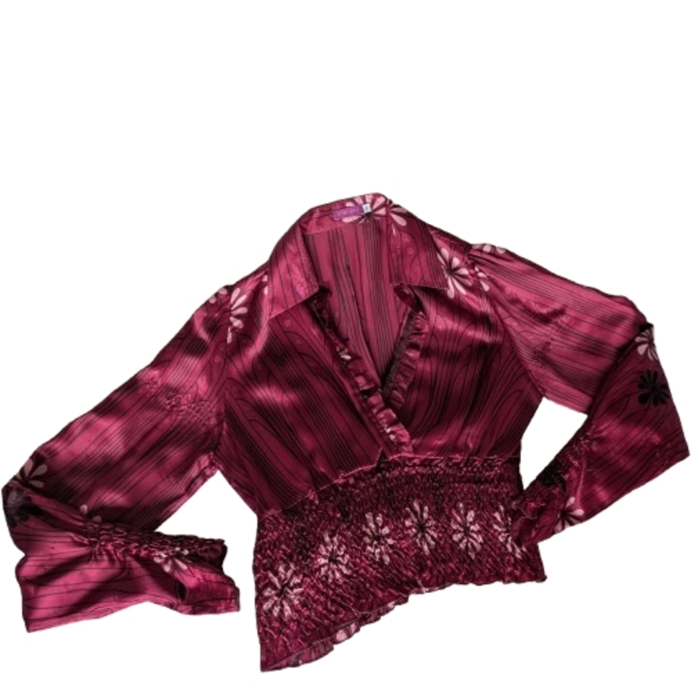 Purple Pink Silk Long Sleeve Blouse with Ruched Waist
